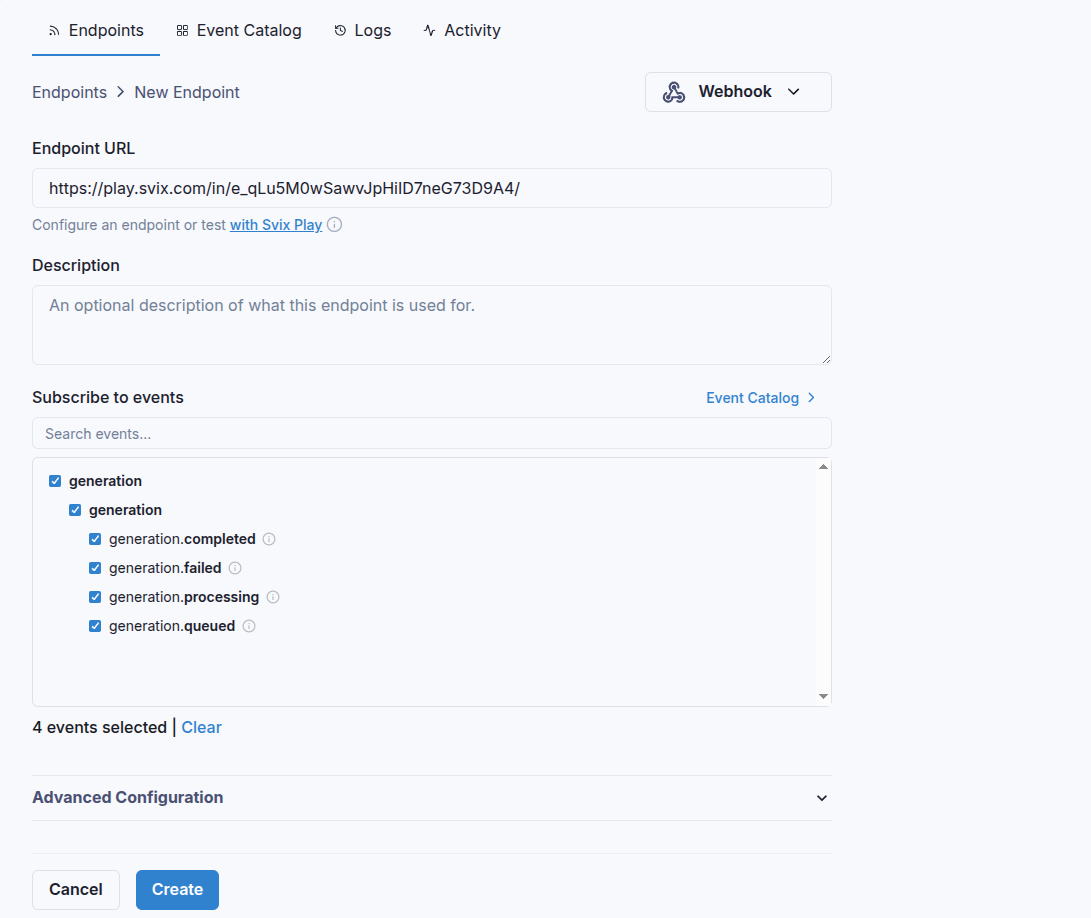Webhook endpoint creation form with event selectors, URL field, and a test link button.