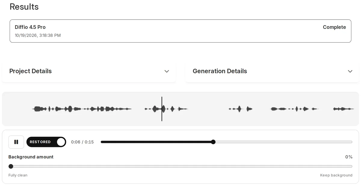 A finished Diffio project with the Original and Restored switch, the playback waveform and the Background amount slider set to fully clean