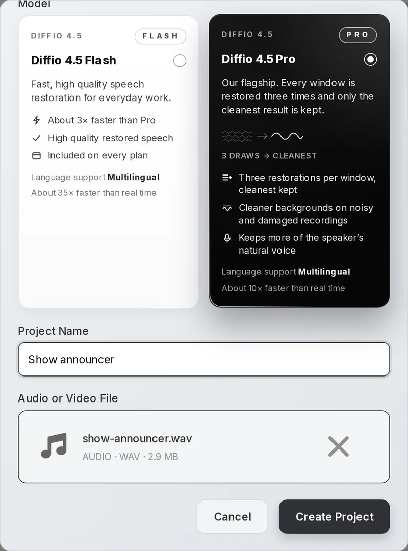 The Diffio Create New Project dialog with Diffio 4.5 Pro selected, the project named Show announcer and a WAV file attached