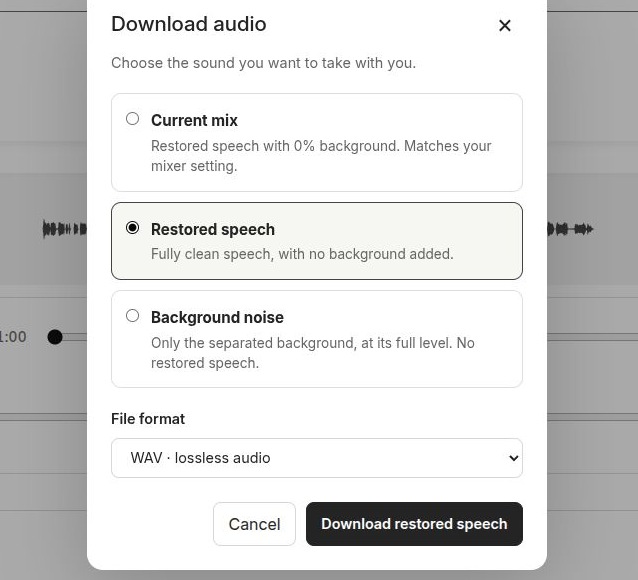 Actual Diffio download dialog with Restored speech selected and WAV format