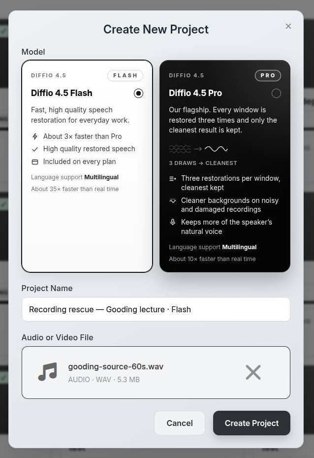 Actual Diffio upload dialog with the Gooding source file and Diffio 4.5 Flash selected