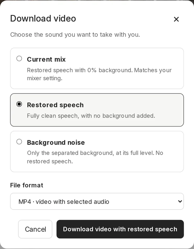 The Diffio Download video dialog with Restored speech selected and MP4, video with selected audio, as the file format