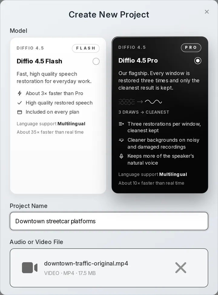 The Diffio Create New Project dialog with downtown-traffic-original.mp4 attached and Diffio 4.5 Pro selected