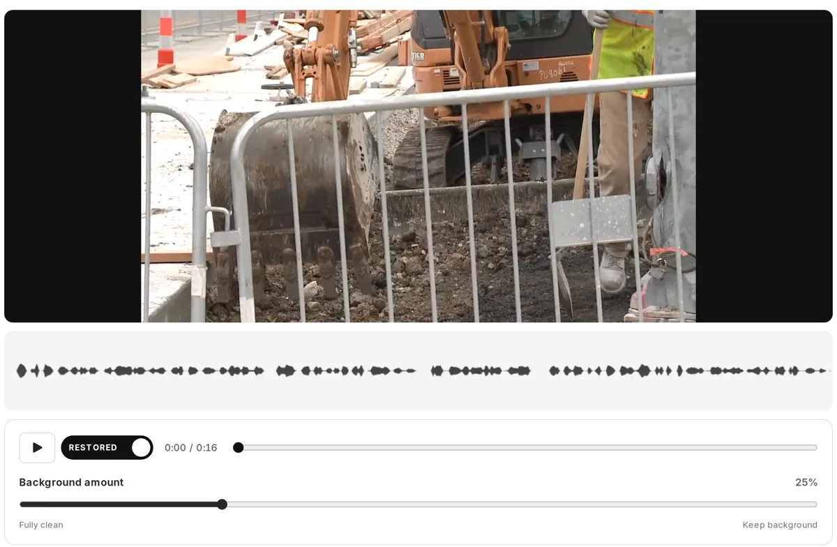 A restored downtown street interview in the Diffio app: the video picture above the waveform, the Restored switch and the Background amount slider at 25%