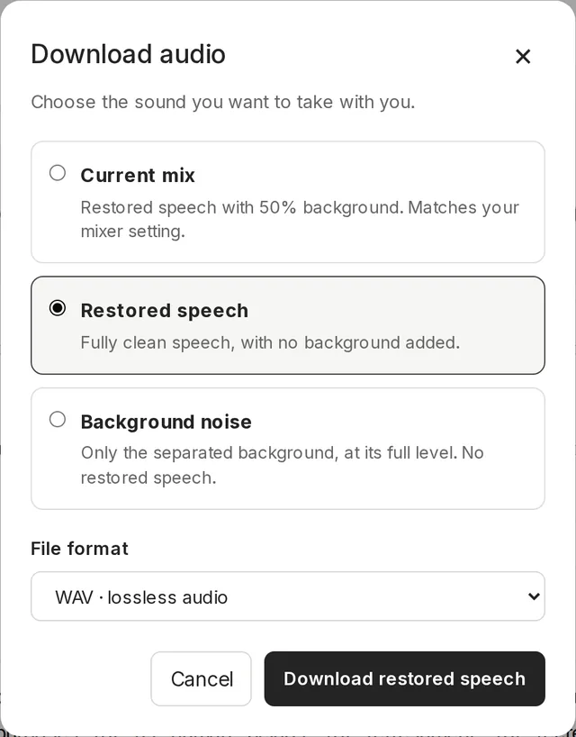 The Diffio Download audio dialog offering Current mix, Restored speech or Background noise as a WAV