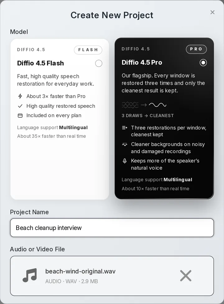 The Diffio Create New Project dialog with a WAV file attached and Diffio 4.5 Pro selected