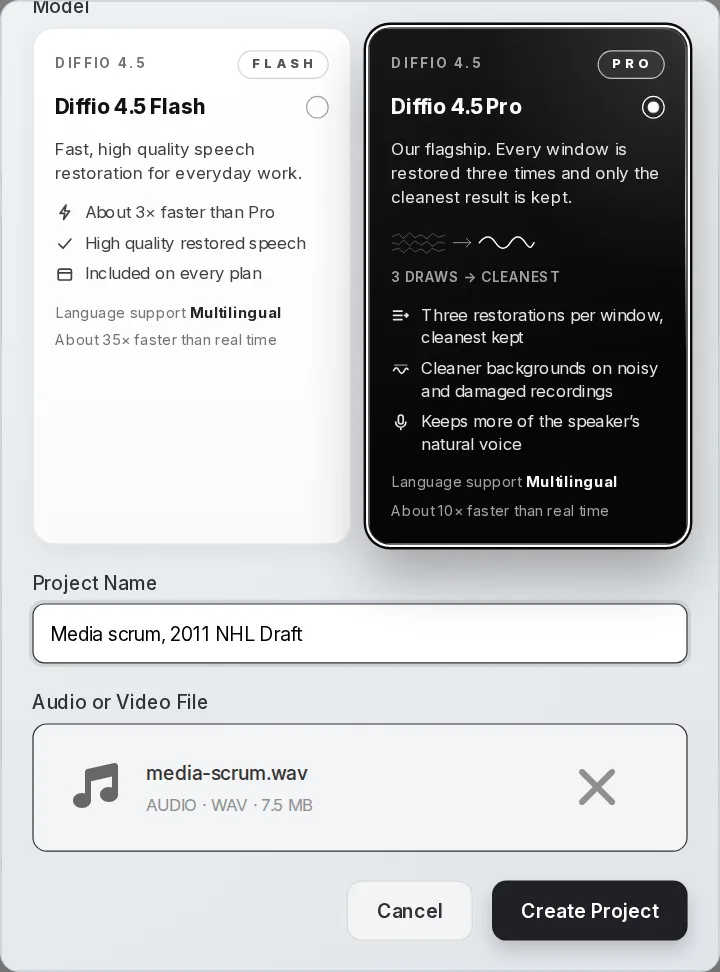 Diffio Create New Project dialog with Diffio 4.5 Pro selected, a project name filled in and a WAV file attached
